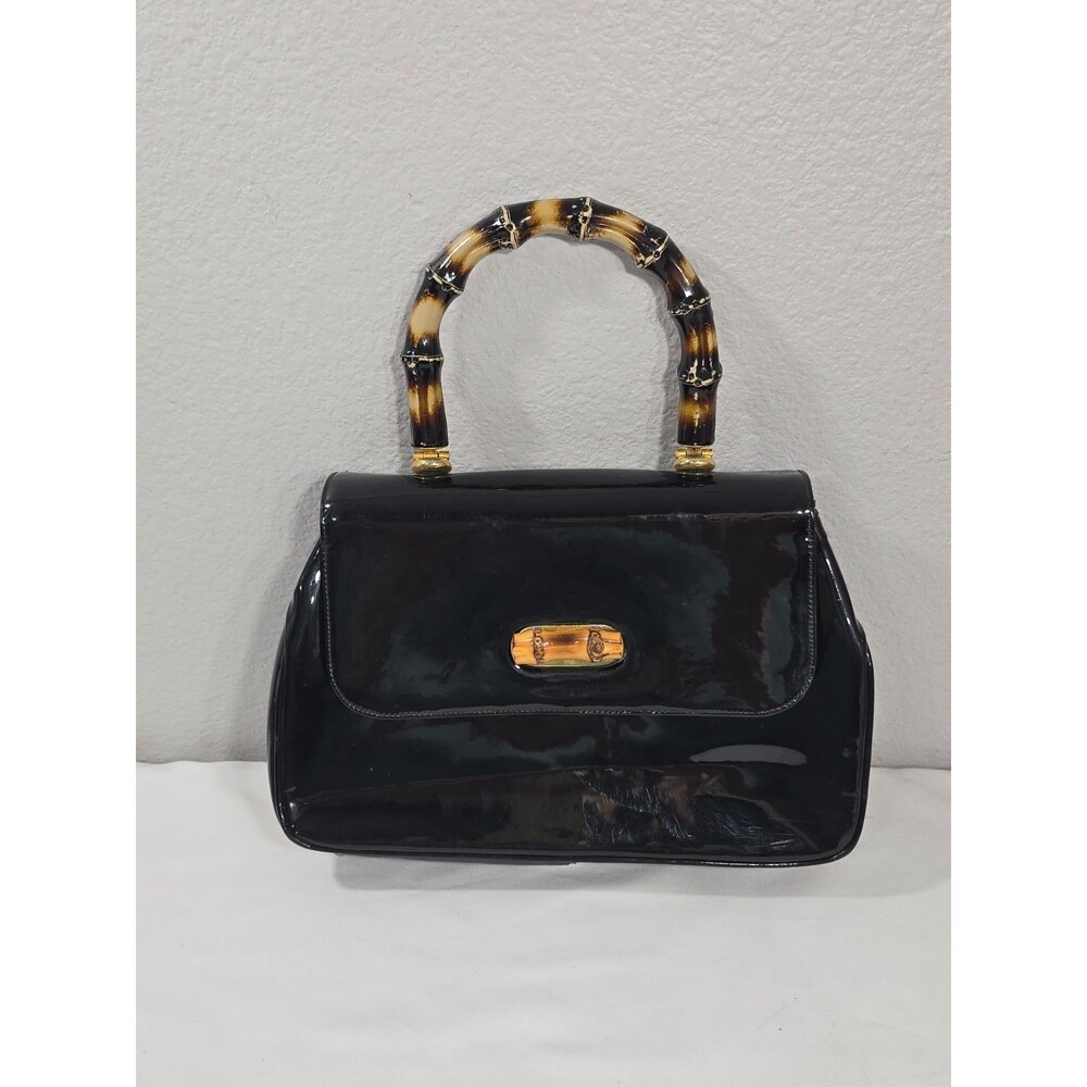 Coronet Vintage Black Bamboo Handle Purse Patent Leather 1960s MCM runway